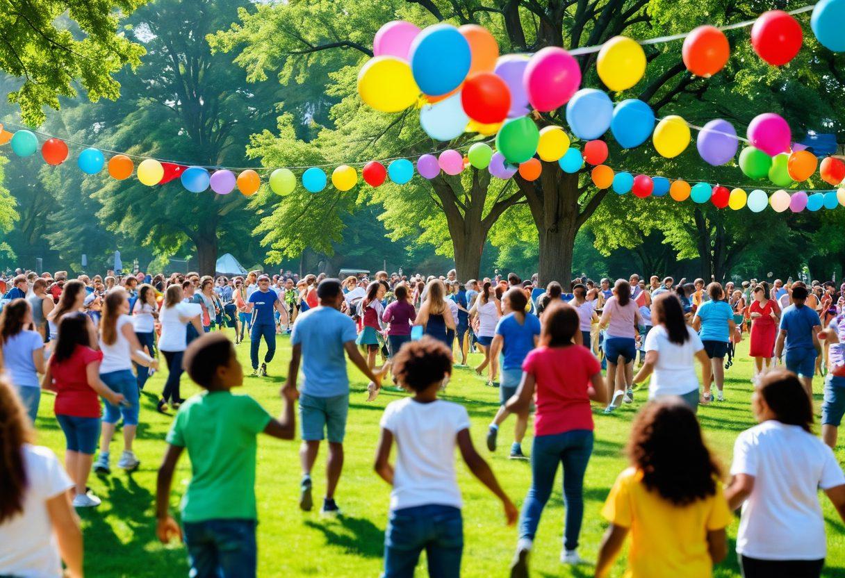 A vibrant and lively community gathering in a park, showcasing diverse people joyfully participating in various events like dancing, crafting, and playing games. Brightly colored banners and balloons fill the scene, with a backdrop of green trees and sunshine. Elements like music notes and art supplies floating around symbolize creativity and happiness. Children are laughing and running, while adults engage in friendly conversations, embodying a sense of cheer and togetherness. super-realistic. vibrant colors. outdoor setting.