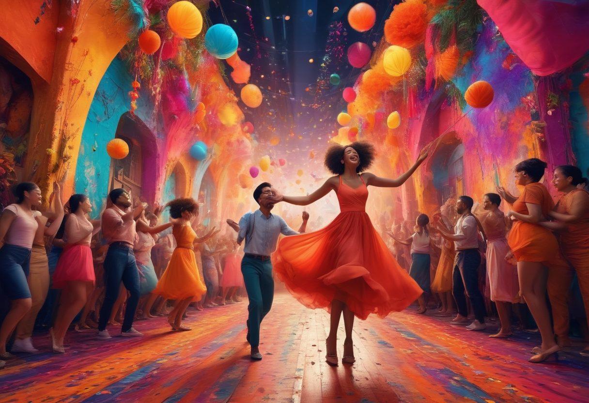 A colorful, dynamic scene showcasing diverse individuals celebrating a vibrant festival, surrounded by whimsical decorations and artistic expressions that reflect x69 culture. Include elements of joy, music, and dance, with an abstract background that symbolizes the evolution from bliss to exuberance. Use a mix of bright, lively colors to evoke a sense of excitement and creativity. surrealistic. vibrant colors. 3D.
