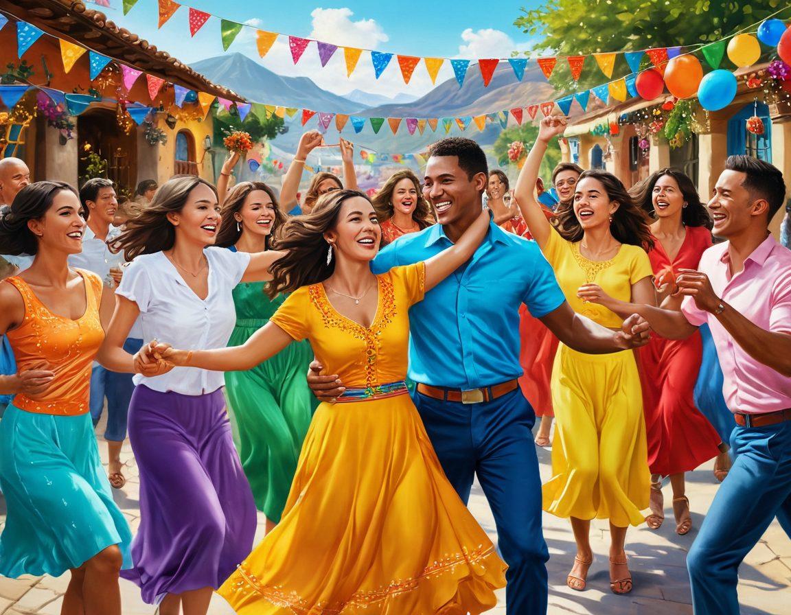 A vibrant celebration scene depicting individuals embracing joy and happiness, surrounded by colorful decorations and traditional elements of the x69 lifestyle. Include diverse people engaging in fun activities like dancing, laughing, and sharing food in a lively atmosphere. The background features picturesque landscapes and cultural symbols. Bright and cheerful colors radiate positivity. super-realistic. vibrant colors. painting.